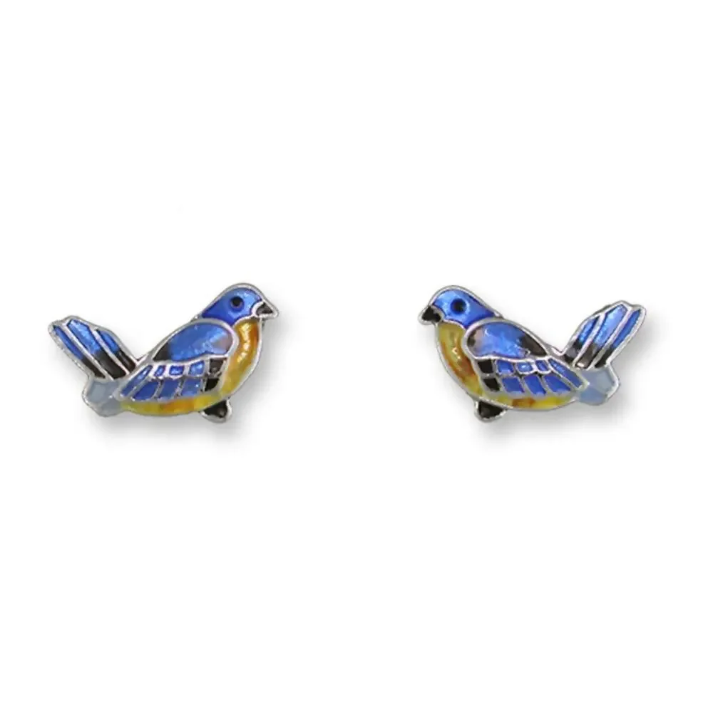 Zarah Little Bluebird Stud Earrings Silver Plated Cloisonne Enamel Bird - Picture 2 of 3